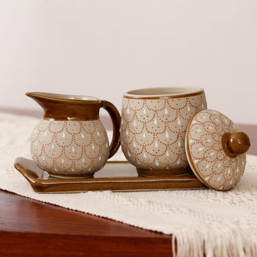 Beige Ceramic Sugar Bowl and Creamer 3-Piece Set with Tray - Terracotta Feathers