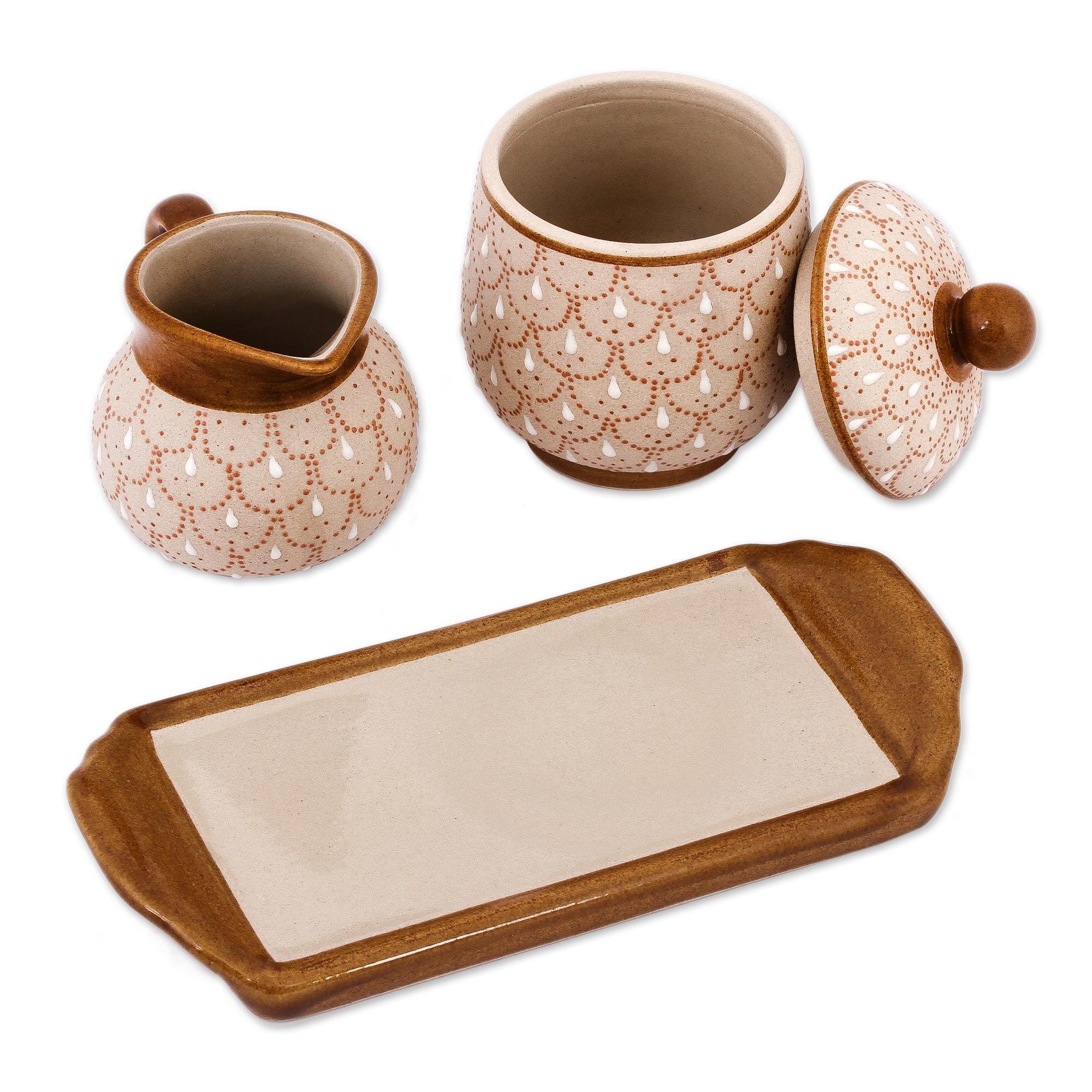 Beige Ceramic Sugar Bowl and Creamer 3-Piece Set with Tray - Terracotta Feathers