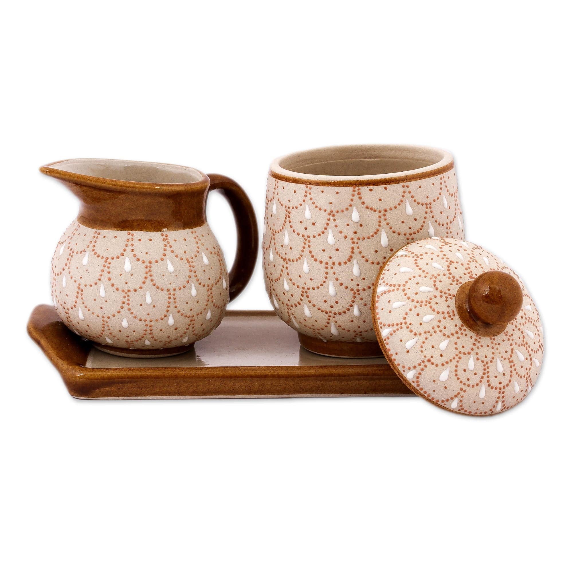 Beige Ceramic Sugar Bowl and Creamer 3-Piece Set with Tray - Terracotta Feathers